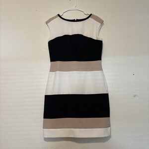 Studio One Black, White & Taupe Striped Cap-Sleeve Sheath Dress